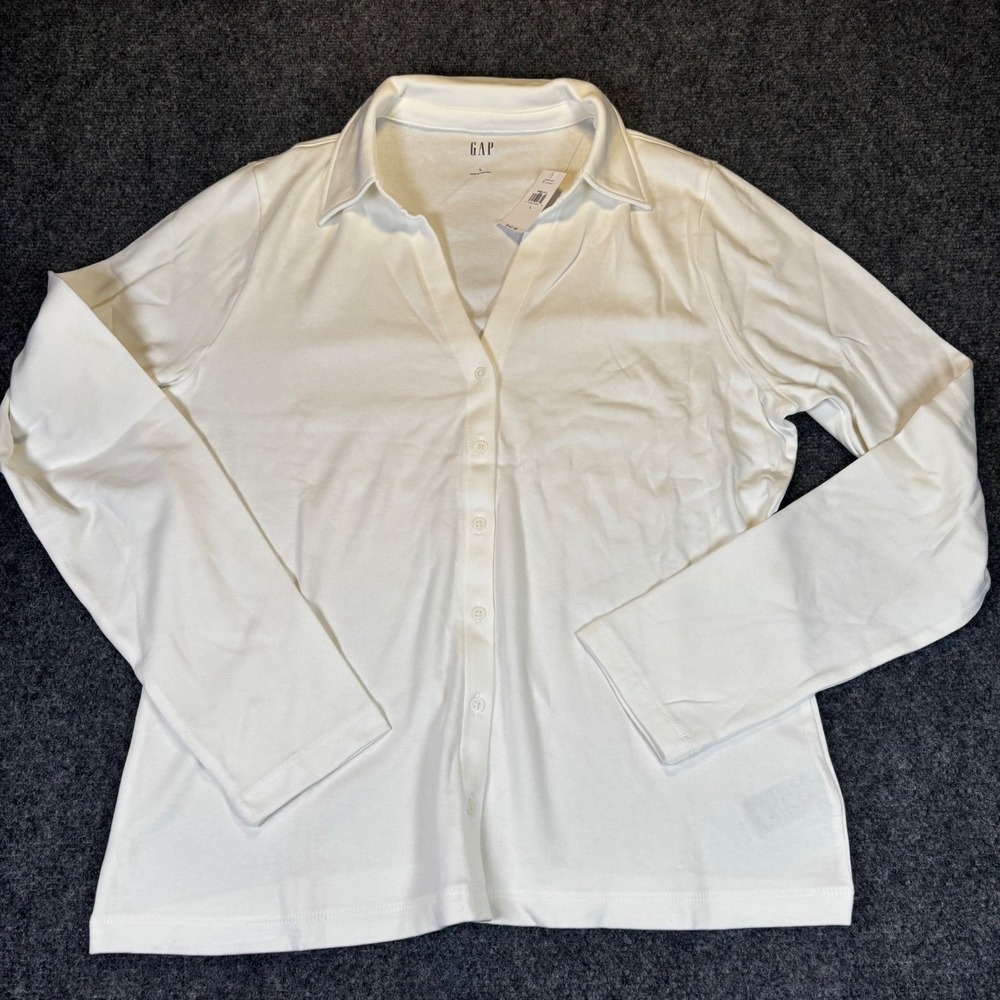 GAP Women White Collared V-Neck Long Sleeve Button Up Shirt Size L